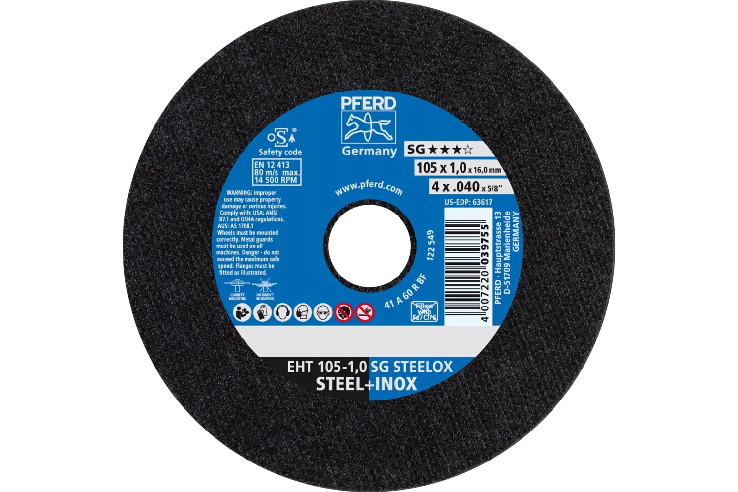 Picture of Pferd Cut-Off Wheel, 4" X .040 X 5/8, Sg Steelox, T1, Aluminum Oxide